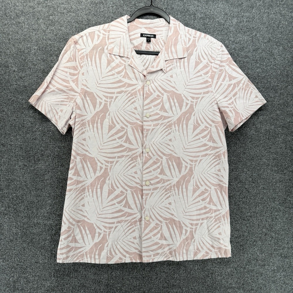 Express Shirt Mens M Pink Linen Cotton Hawaiian Button Up Short Sleeve Resort